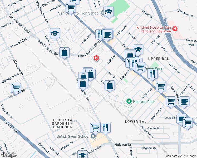 map of restaurants, bars, coffee shops, grocery stores, and more near 1255 Primrose Drive in San Leandro