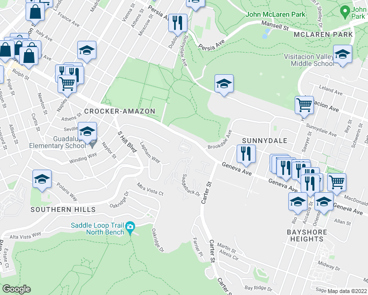 map of restaurants, bars, coffee shops, grocery stores, and more near 345 Stoneridge Lane in San Francisco