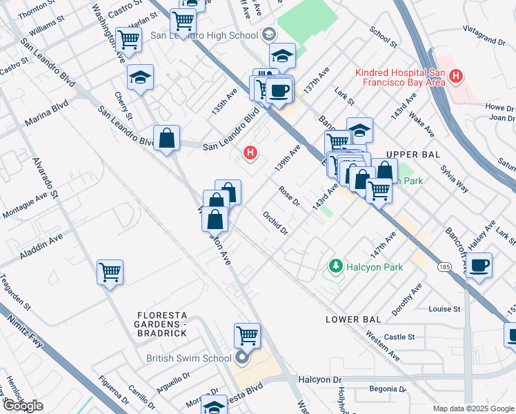 map of restaurants, bars, coffee shops, grocery stores, and more near 1255 Primrose Drive in San Leandro