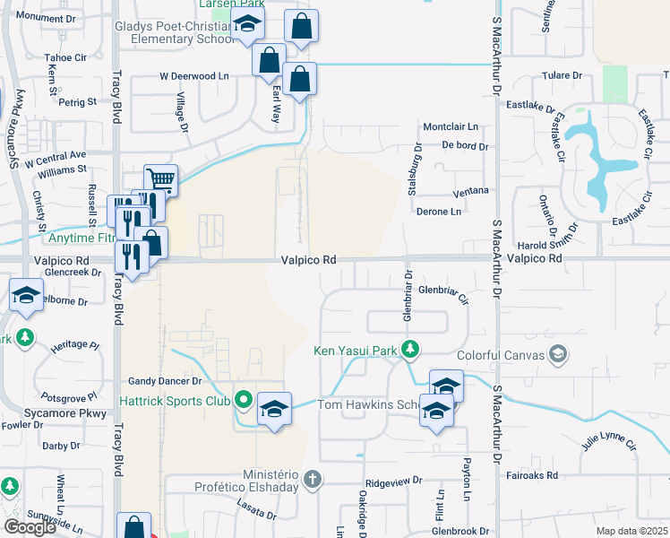 map of restaurants, bars, coffee shops, grocery stores, and more near 2833 Clover Hill Court in Tracy