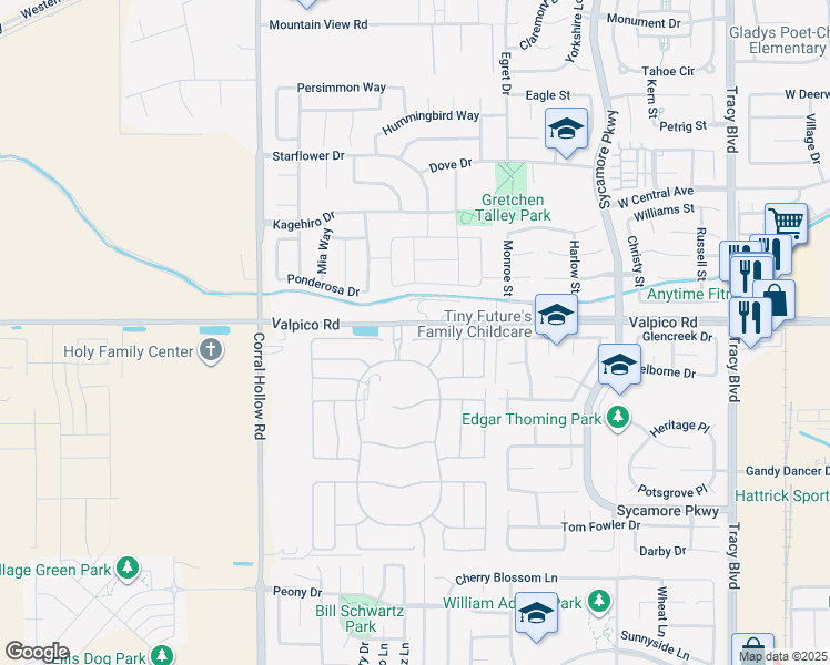 map of restaurants, bars, coffee shops, grocery stores, and more near 1649 Granite Court in Tracy