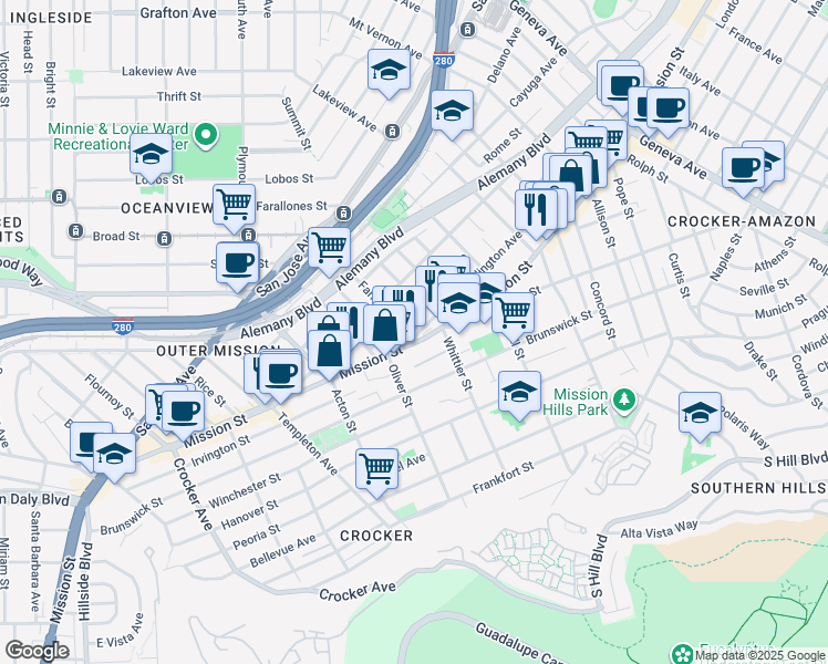 map of restaurants, bars, coffee shops, grocery stores, and more near 2 Farragut Avenue in San Francisco