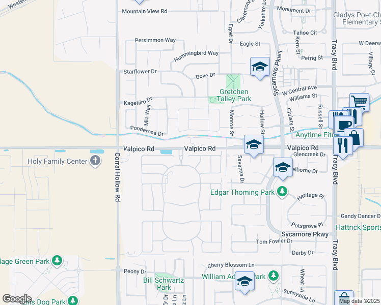 map of restaurants, bars, coffee shops, grocery stores, and more near 1641 Granite Court in Tracy