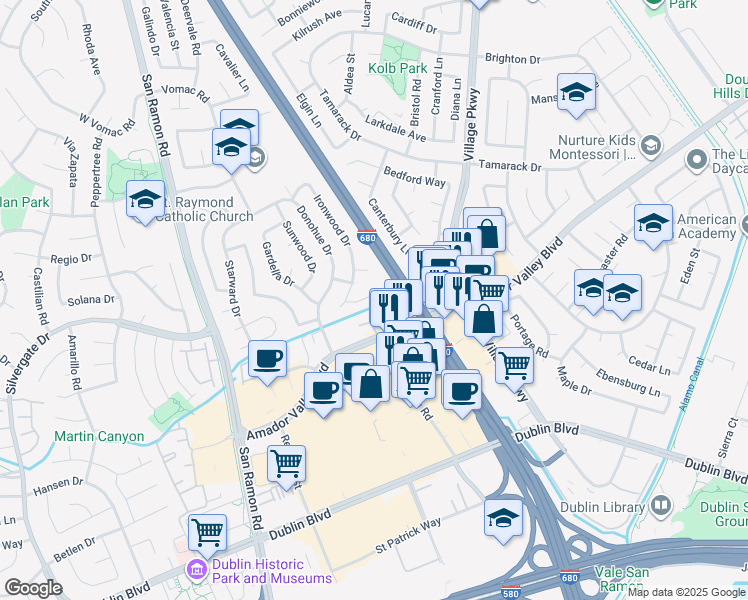 map of restaurants, bars, coffee shops, grocery stores, and more near 7532 Honey Court in Dublin