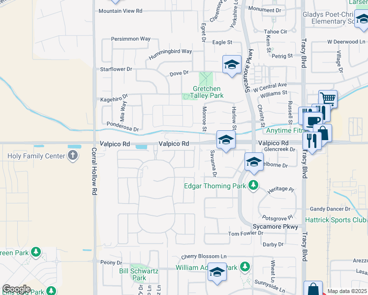 map of restaurants, bars, coffee shops, grocery stores, and more near 1561 Granite Place in Tracy