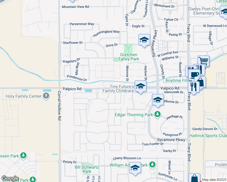 map of restaurants, bars, coffee shops, grocery stores, and more near 1569 Granite Place in Tracy