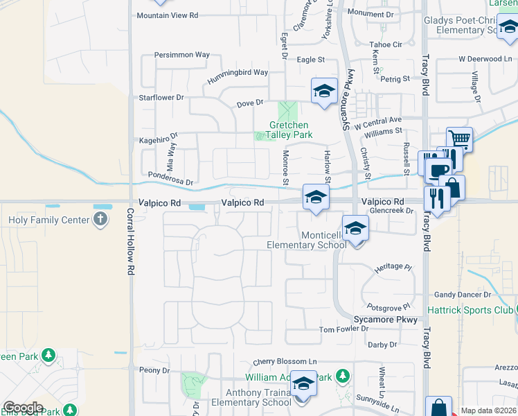 map of restaurants, bars, coffee shops, grocery stores, and more near 1553 Granite Place in Tracy