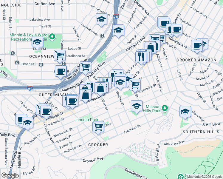 map of restaurants, bars, coffee shops, grocery stores, and more near 59 Oliver Street in San Francisco