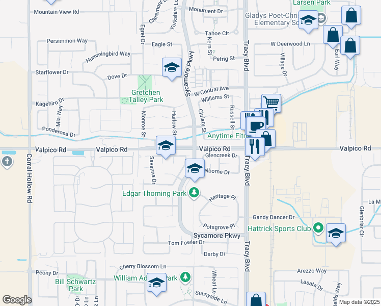 map of restaurants, bars, coffee shops, grocery stores, and more near 1140 Cornucopia Place in Tracy