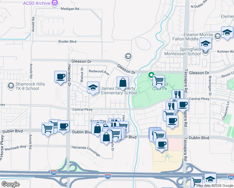 map of restaurants, bars, coffee shops, grocery stores, and more near 4730 Westwood Court in Dublin