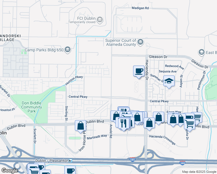 map of restaurants, bars, coffee shops, grocery stores, and more near 5773 Midnight Place in Dublin