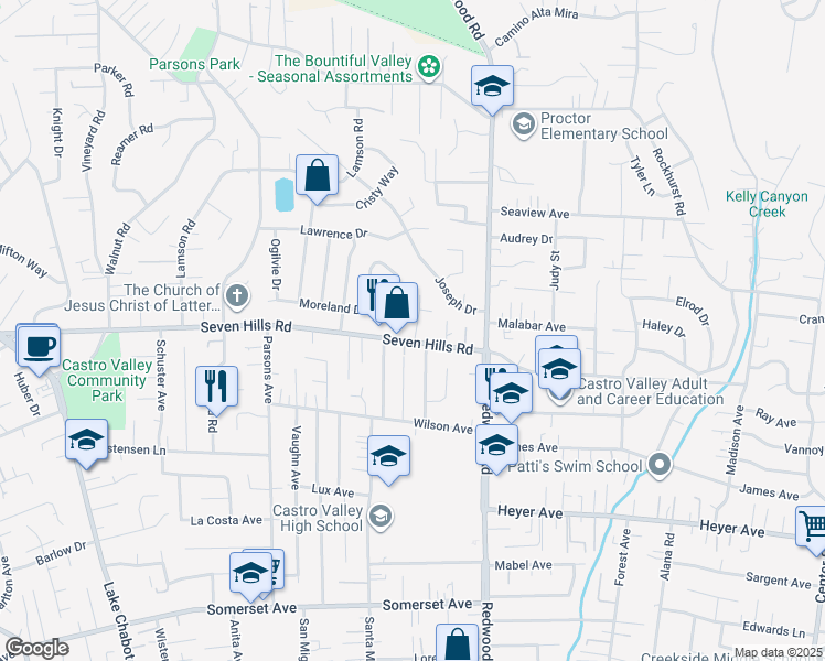 map of restaurants, bars, coffee shops, grocery stores, and more near 4274 Seven Hills Road in Castro Valley