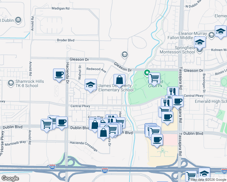 map of restaurants, bars, coffee shops, grocery stores, and more near 4730 Westwood Court in Dublin