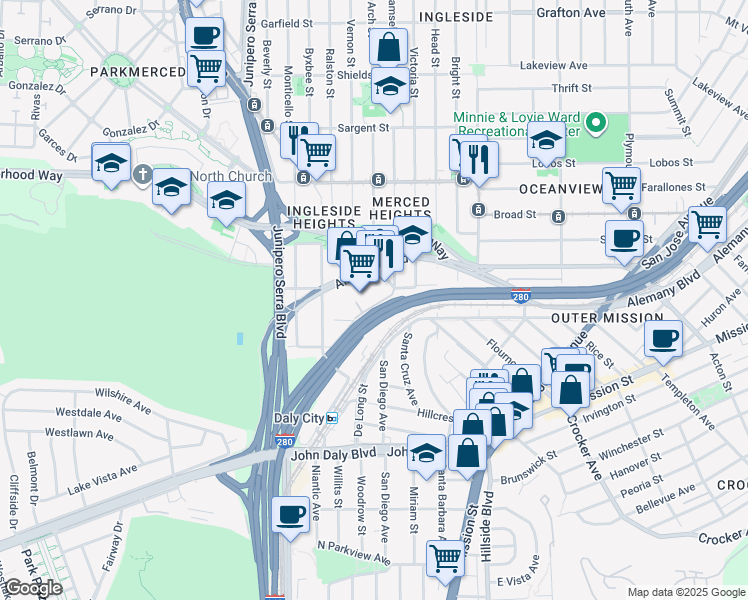 map of restaurants, bars, coffee shops, grocery stores, and more near 8200 Oceanview Terrace in San Francisco