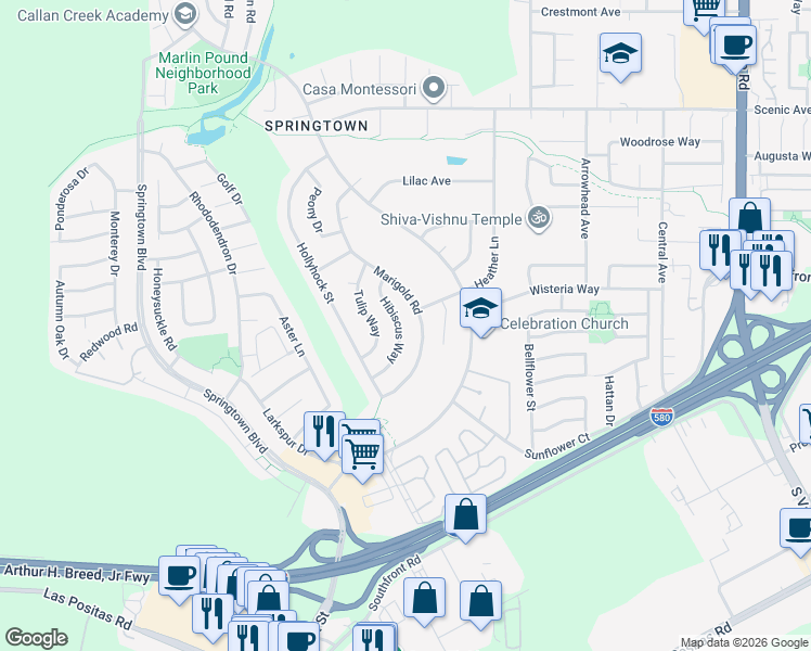 map of restaurants, bars, coffee shops, grocery stores, and more near 1241 Hibiscus Way in Livermore