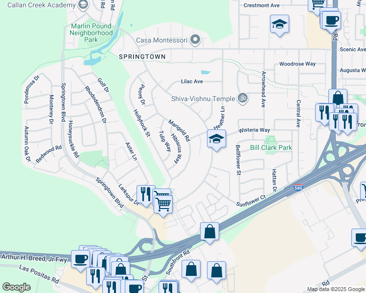 map of restaurants, bars, coffee shops, grocery stores, and more near 1241 Hibiscus Way in Livermore