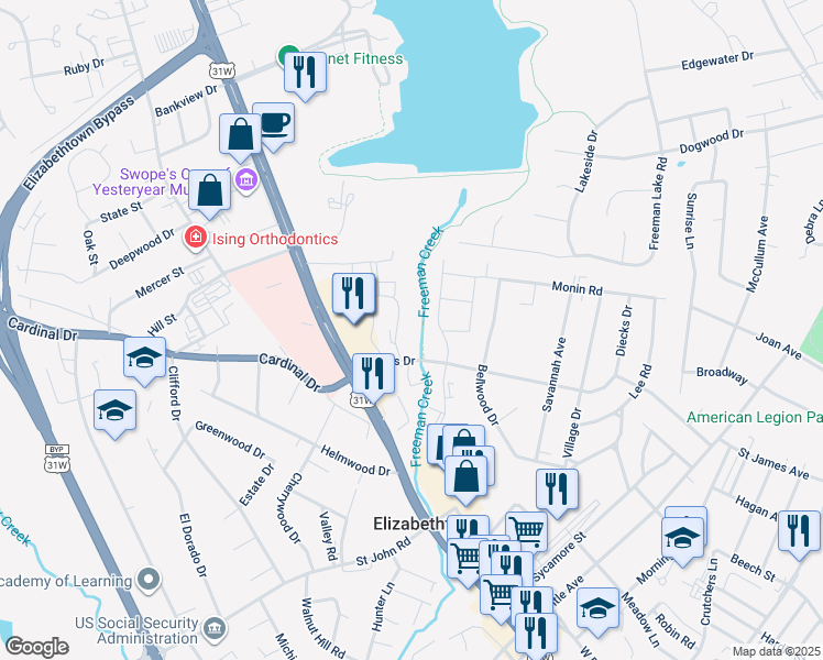 map of restaurants, bars, coffee shops, grocery stores, and more near 108 Diecks Drive in Elizabethtown