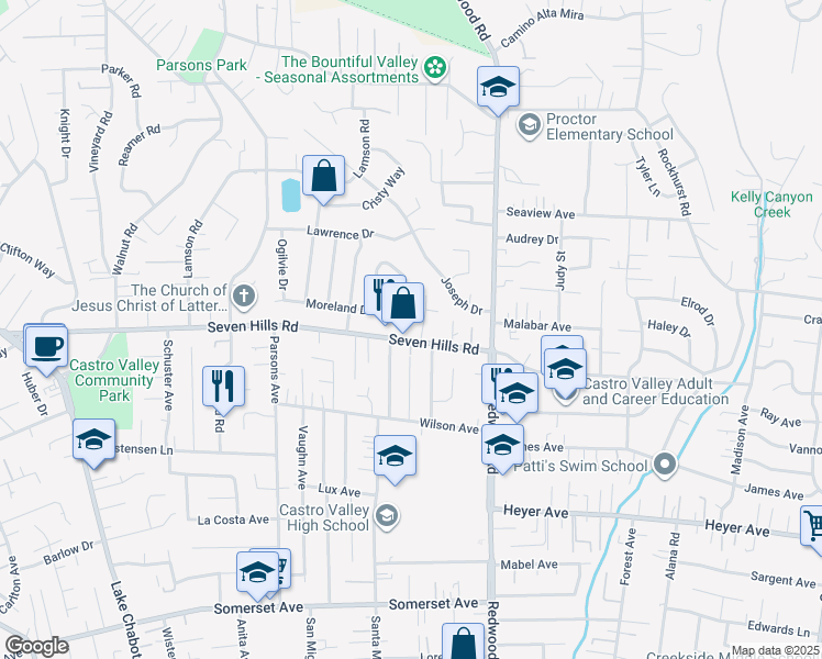 map of restaurants, bars, coffee shops, grocery stores, and more near 4274 Seven Hills Road in Castro Valley