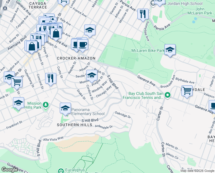map of restaurants, bars, coffee shops, grocery stores, and more near 34 Baltimore Way in San Francisco