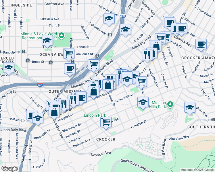 map of restaurants, bars, coffee shops, grocery stores, and more near 35 Laura Street in San Francisco