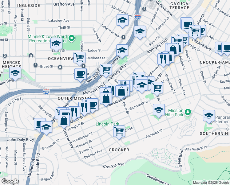 map of restaurants, bars, coffee shops, grocery stores, and more near 35 Laura Street in San Francisco