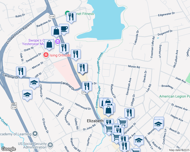 map of restaurants, bars, coffee shops, grocery stores, and more near 108 Diecks Drive in Elizabethtown