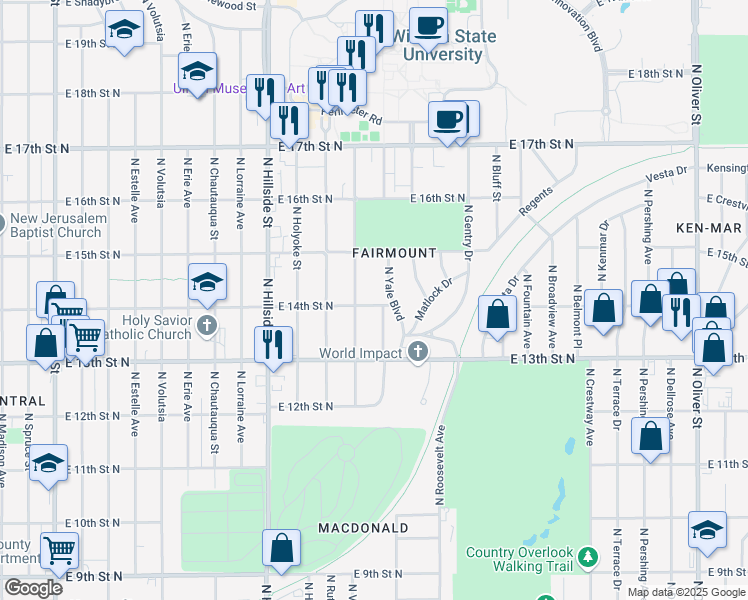 map of restaurants, bars, coffee shops, grocery stores, and more near 1453 North Yale Avenue in Wichita