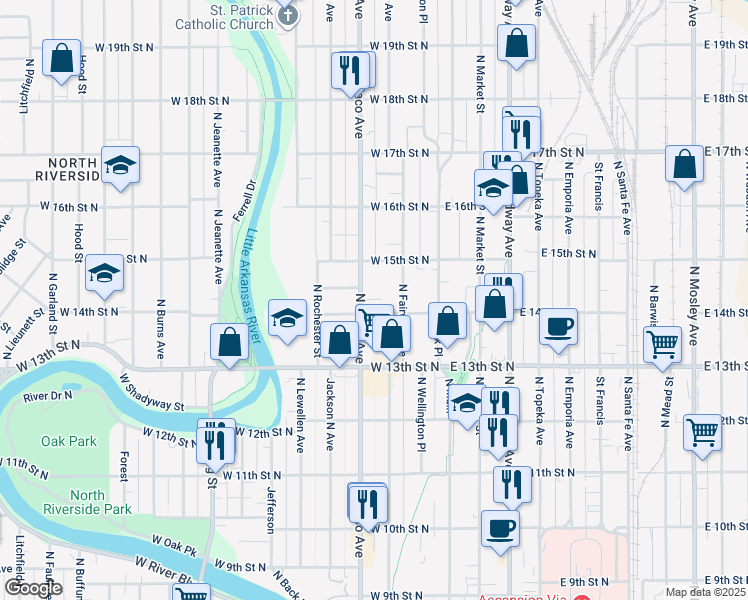 map of restaurants, bars, coffee shops, grocery stores, and more near 220 West 14th Street North in Wichita