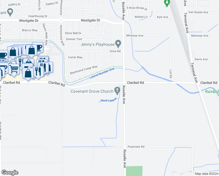 map of restaurants, bars, coffee shops, grocery stores, and more near 4919 Roselle Avenue in Modesto