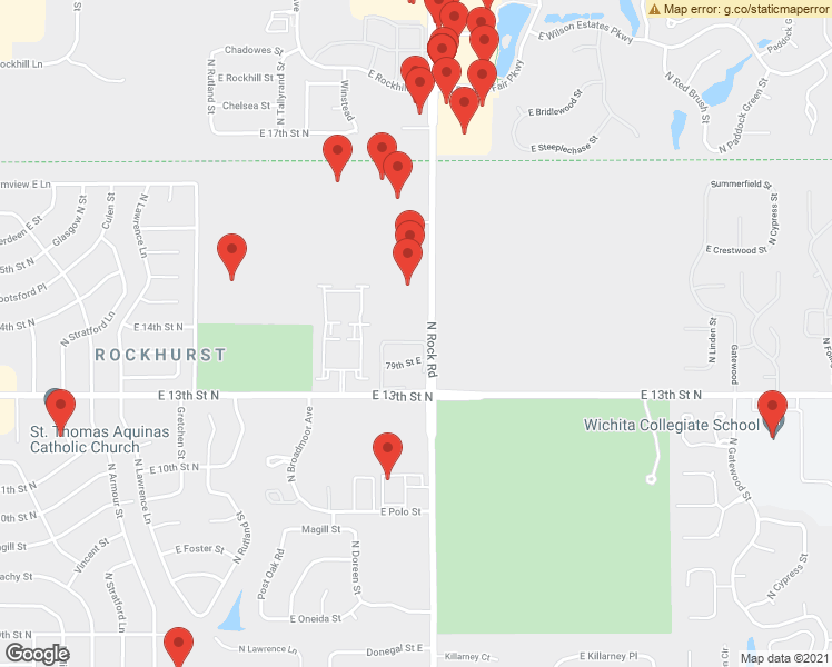 map of restaurants, bars, coffee shops, grocery stores, and more near 1443 North Rock Road in Wichita