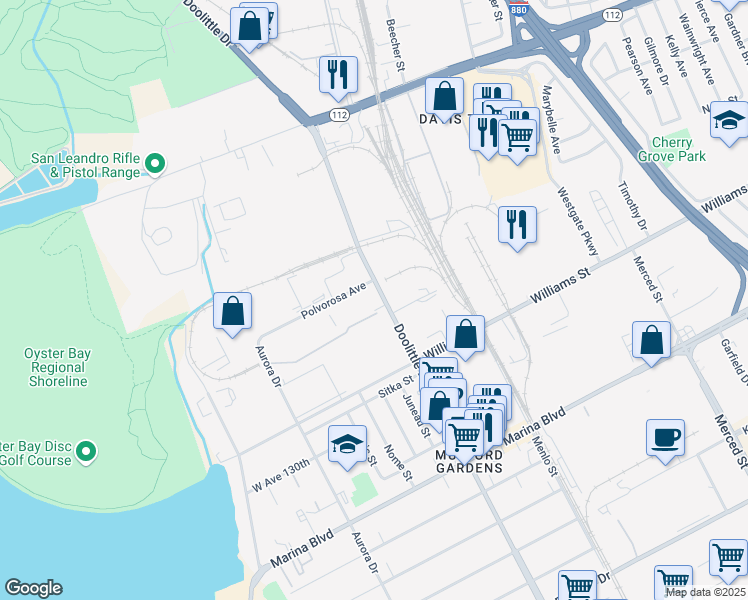 map of restaurants, bars, coffee shops, grocery stores, and more near in San Leandro