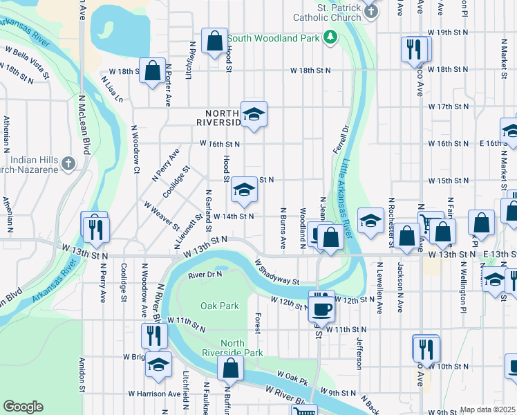 map of restaurants, bars, coffee shops, grocery stores, and more near 1510 Payne Street in Wichita