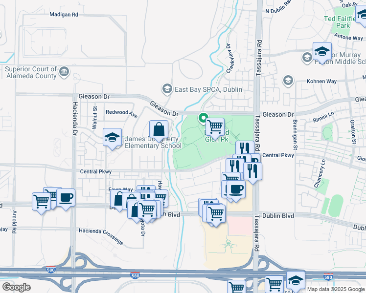 map of restaurants, bars, coffee shops, grocery stores, and more near 4201 Central Parkway in Dublin