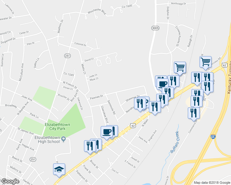 map of restaurants, bars, coffee shops, grocery stores, and more near 1007 Pawnee Drive in Elizabethtown