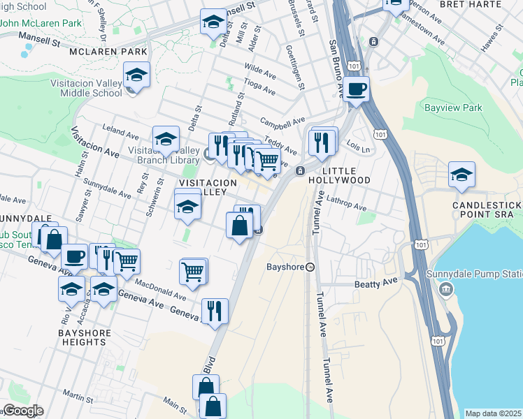 map of restaurants, bars, coffee shops, grocery stores, and more near in San Francisco