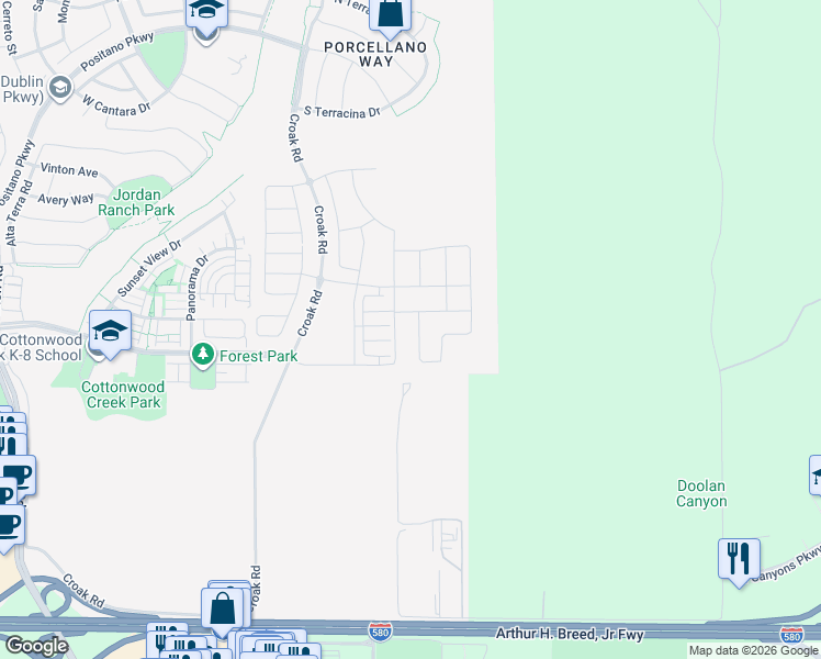 map of restaurants, bars, coffee shops, grocery stores, and more near 3457-4099 Croak Road in Pleasanton