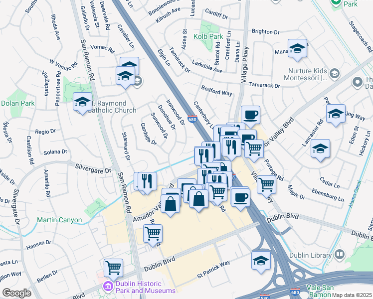 map of restaurants, bars, coffee shops, grocery stores, and more near 7529 Ironwood Drive in Dublin
