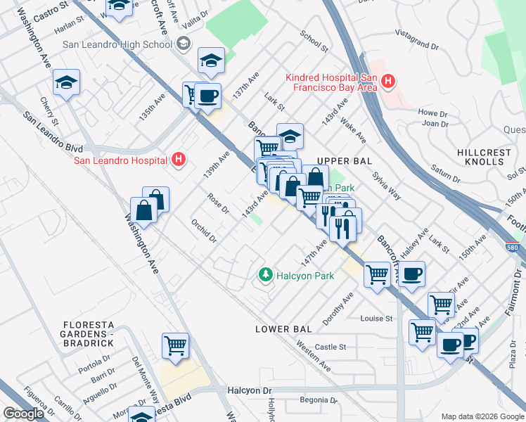 map of restaurants, bars, coffee shops, grocery stores, and more near 1220 143rd Avenue in San Leandro