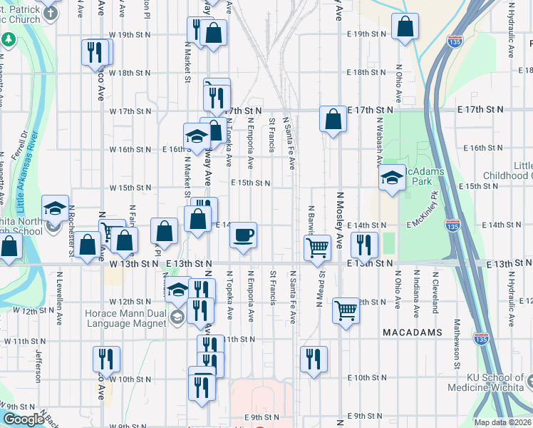 map of restaurants, bars, coffee shops, grocery stores, and more near 1501 Saint Francis in Wichita