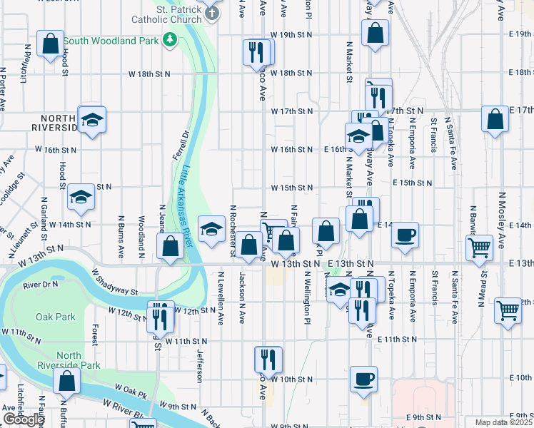 map of restaurants, bars, coffee shops, grocery stores, and more near 416 W 14th St N in Wichita