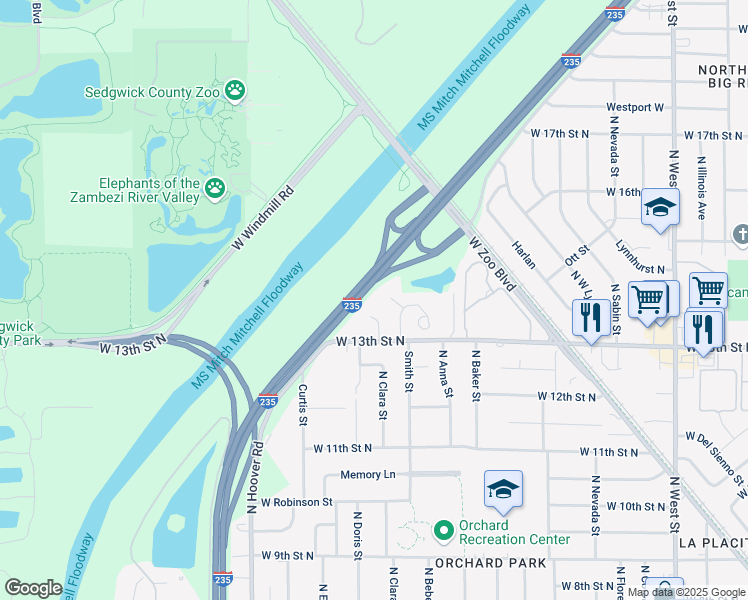 map of restaurants, bars, coffee shops, grocery stores, and more near 1422 North Doris Circle in Wichita