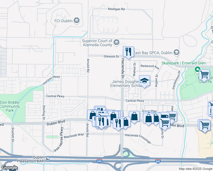 map of restaurants, bars, coffee shops, grocery stores, and more near 5130 Hacienda Drive in Dublin