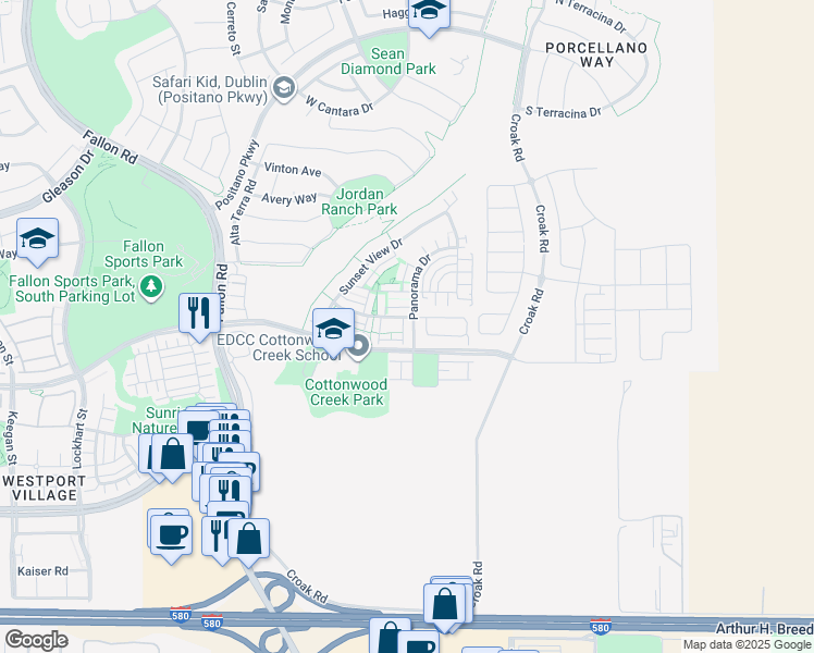 map of restaurants, bars, coffee shops, grocery stores, and more near 4118 Panorama Drive in Dublin