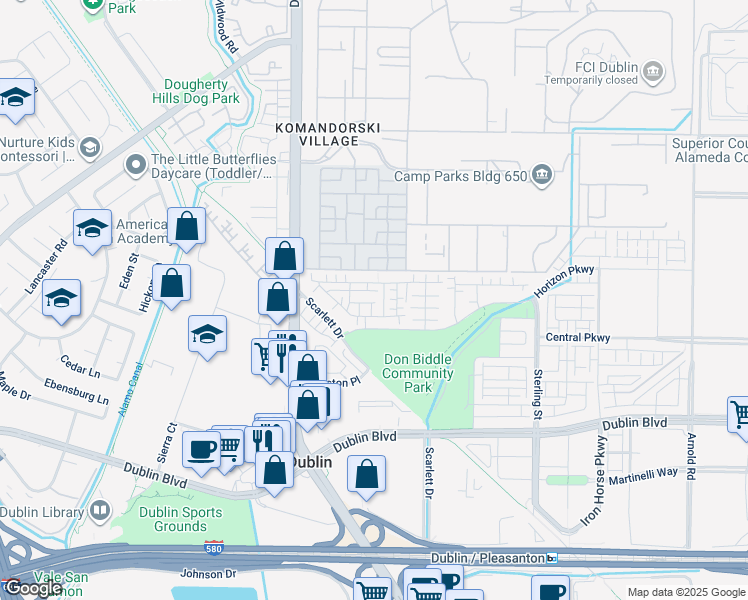 map of restaurants, bars, coffee shops, grocery stores, and more near 6357 Dandelion Street in Dublin