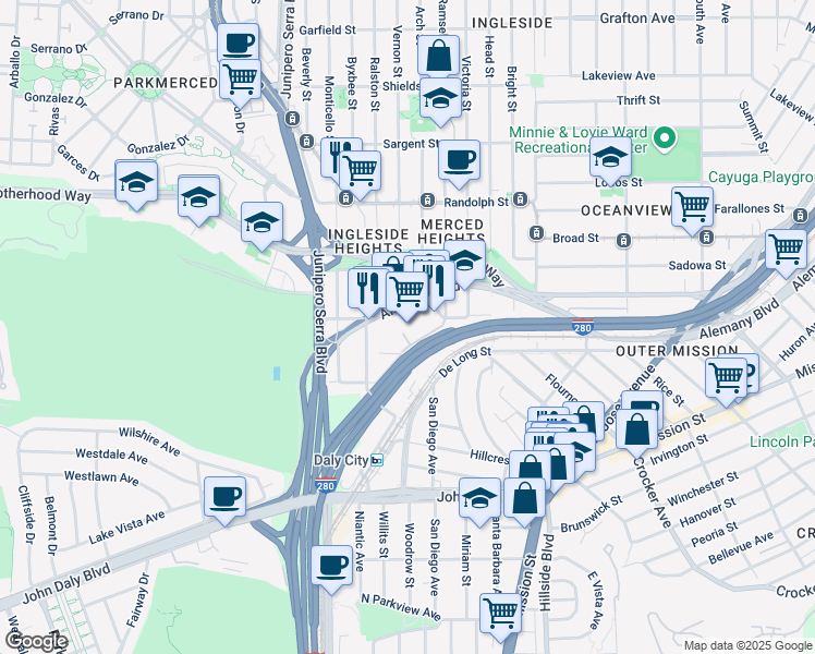 map of restaurants, bars, coffee shops, grocery stores, and more near 8200 Oceanview Terrace in San Francisco