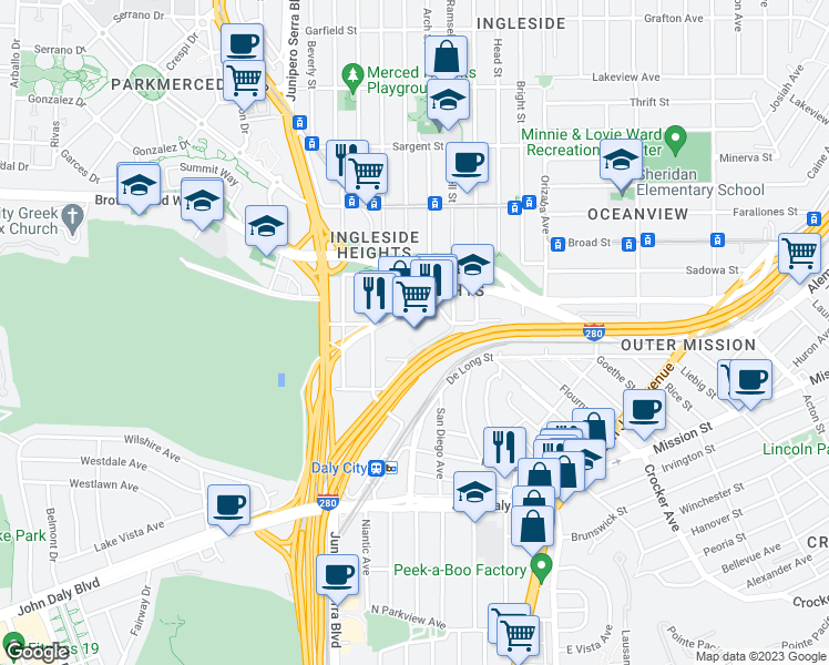 map of restaurants, bars, coffee shops, grocery stores, and more near 8200 Oceanview Terrace in San Francisco