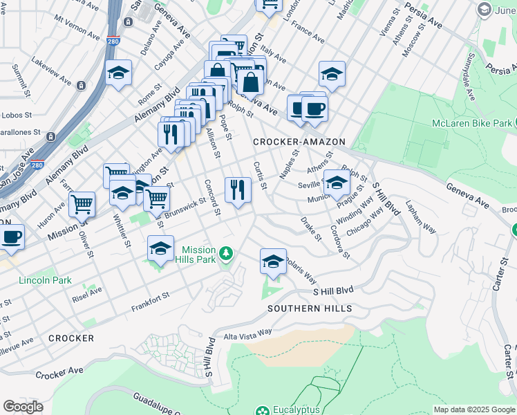 map of restaurants, bars, coffee shops, grocery stores, and more near in San Francisco