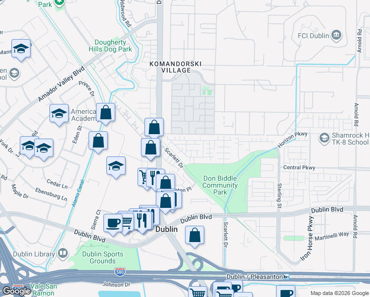 map of restaurants, bars, coffee shops, grocery stores, and more near 6328 Dandelion Street in Dublin