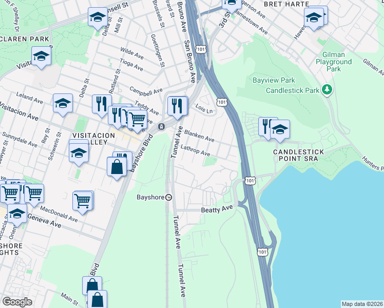 map of restaurants, bars, coffee shops, grocery stores, and more near 448 Peninsula Avenue in San Francisco