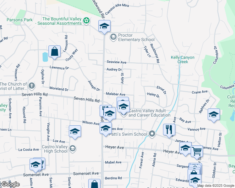 map of restaurants, bars, coffee shops, grocery stores, and more near 4592 Malabar Place in Castro Valley